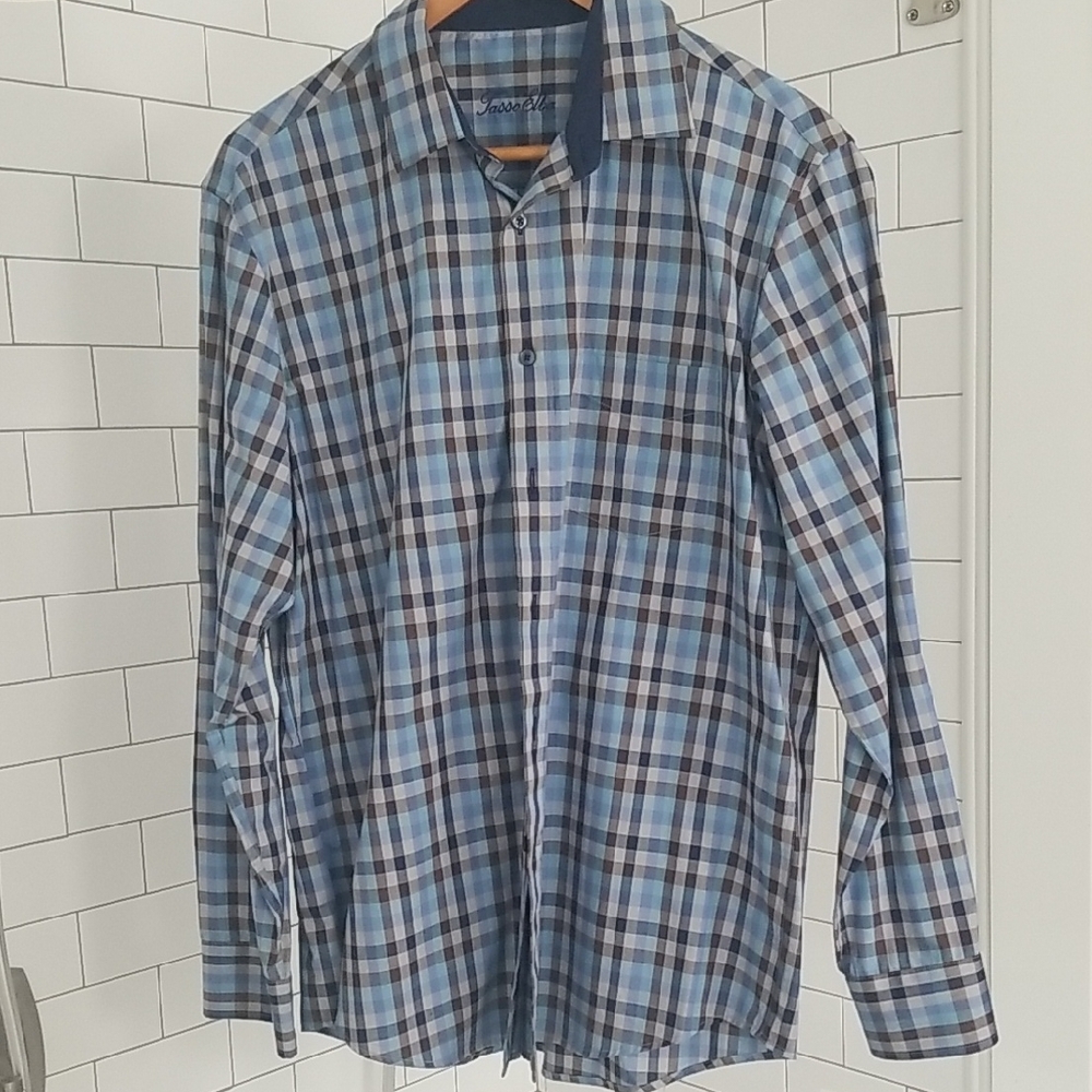 Tasso Elba Blue, Brown and White Casual Button Down Shirt Lightweight Cotton